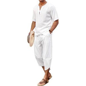 Linen Henley Shirt & Capri Pants Set for Men, White
